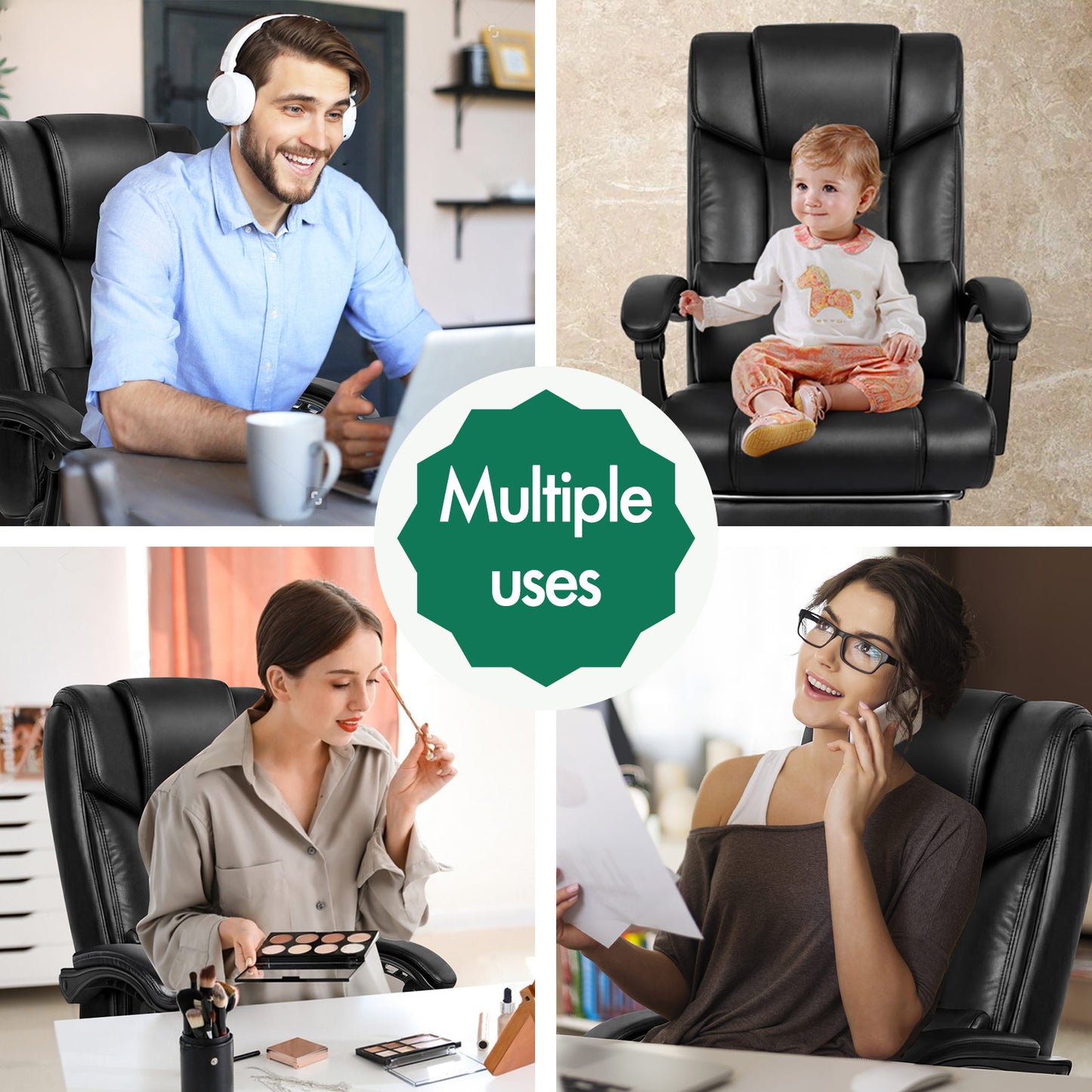 ELFORDSON Office Chair Executive Computer Gaming PU Leather Seat Recliner PU Leather Black