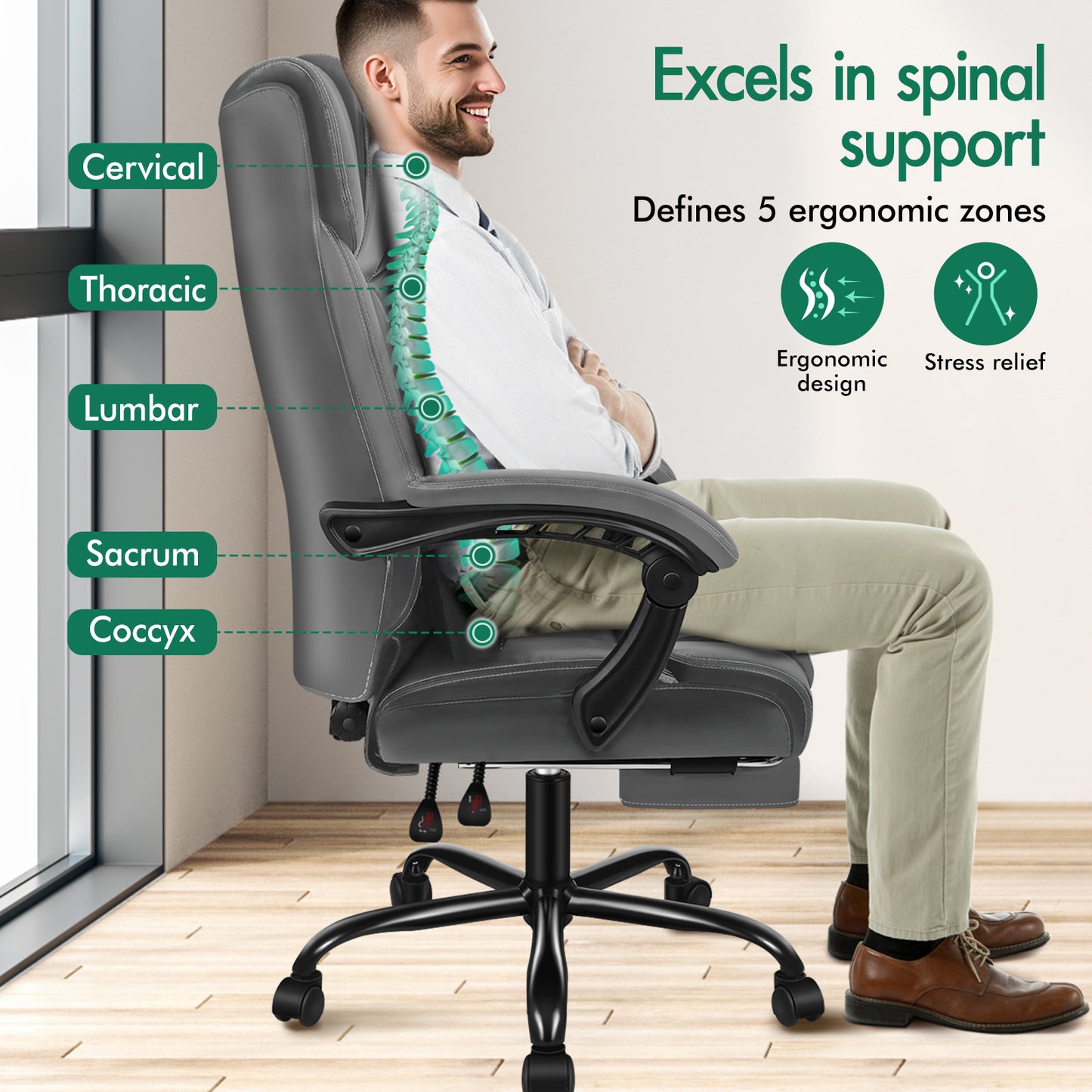 ELFORDSON Office Chair Executive Computer Gaming PU Leather Seat Recliner Grey
