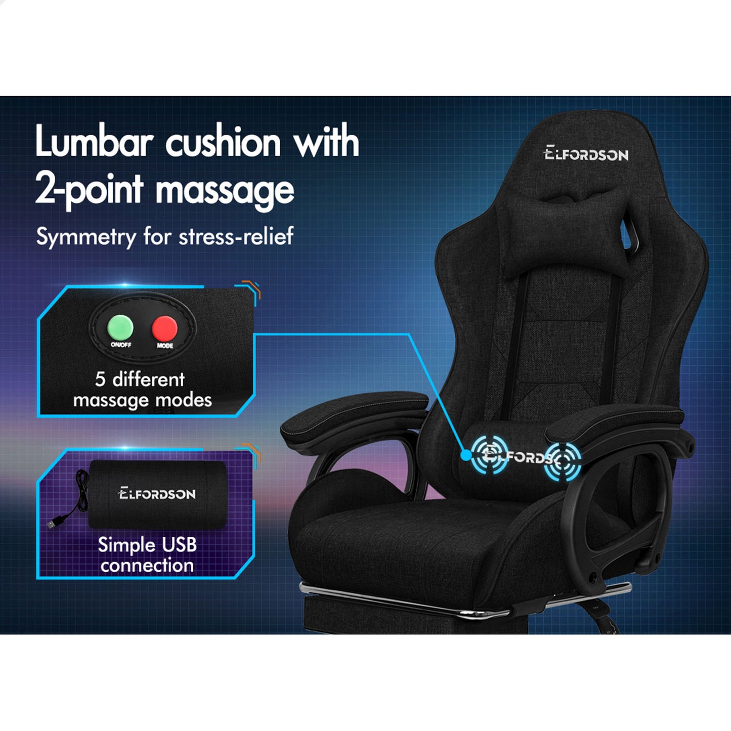 ELFORDSON Gaming Chair Office Massage Computer Racing Fabric Seat Footrest