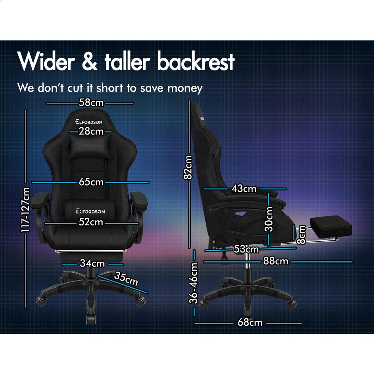 ELFORDSON Gaming Chair Office Massage Computer Racing Fabric Seat Footrest