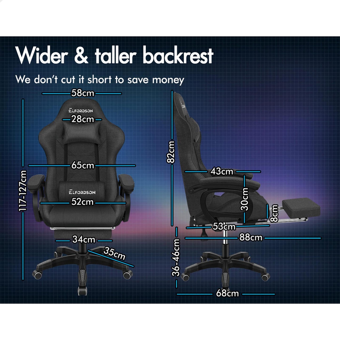 ALFORDSON Gaming Chair Office Massage Computer Fabric Racing Seat Footrest Grey