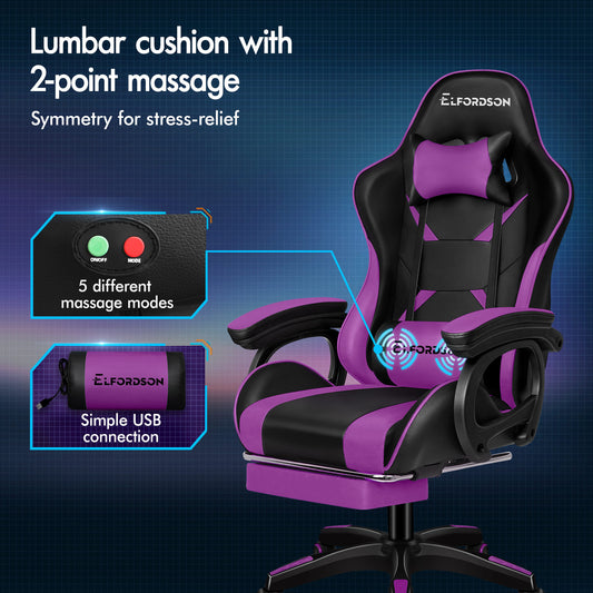 ELFORDSON Gaming Chair Lumbar Massage with Footrest, Purple