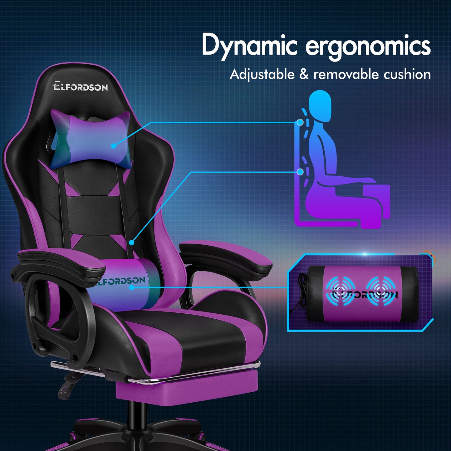 ELFORDSON Gaming Chair Lumbar Massage with Footrest, Purple