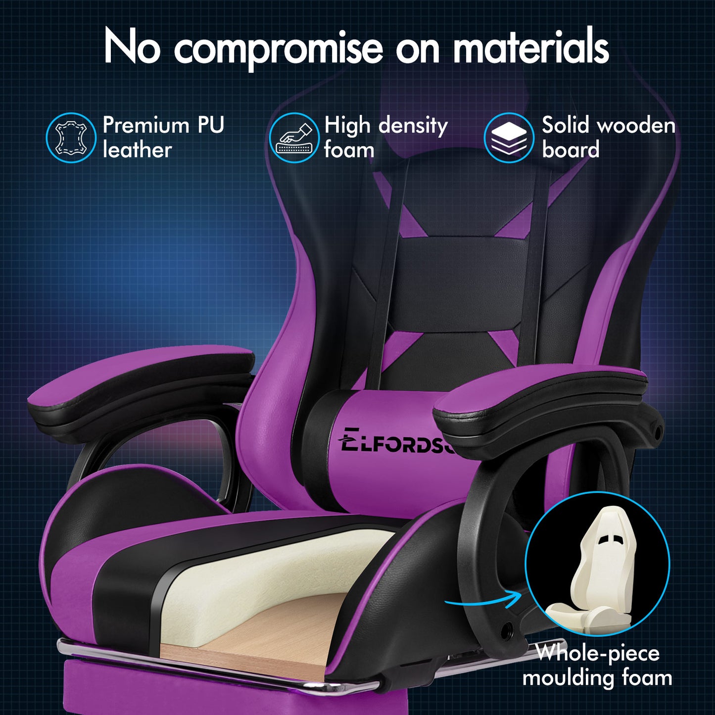 ELFORDSON Gaming Chair Lumbar Massage with Footrest, Purple