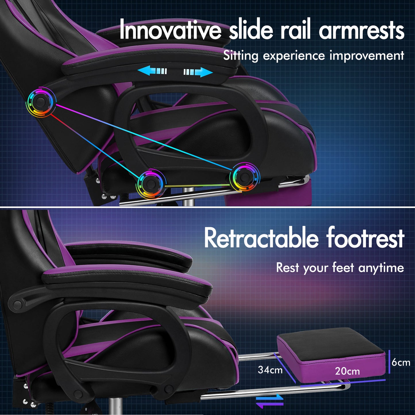 ELFORDSON Gaming Chair Lumbar Massage with Footrest, Purple