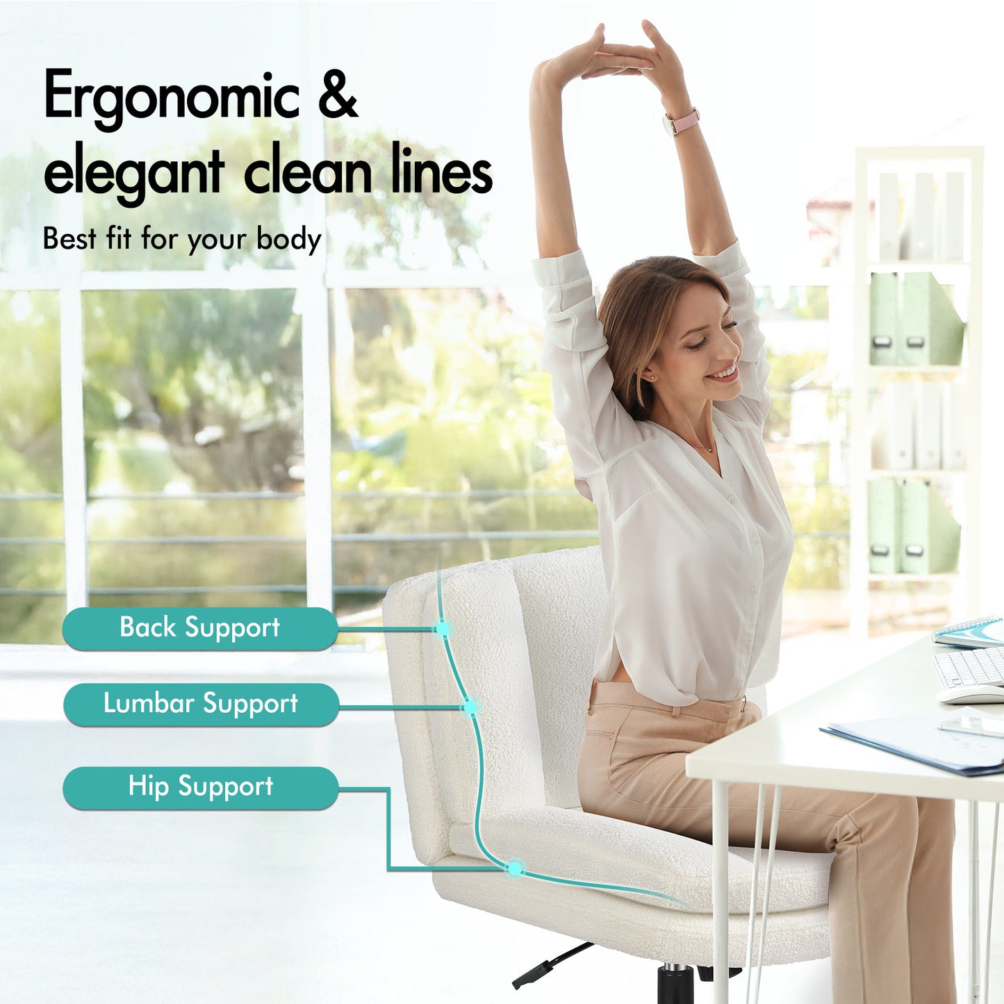 ELFORDSON Armless Office Desk Chair Mid Back Wide Seat Boucle Fabric White