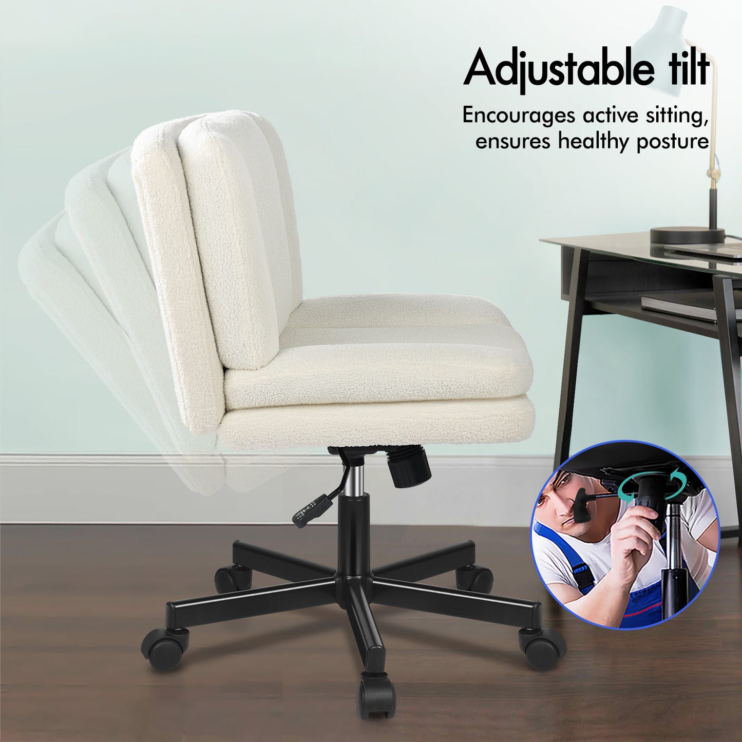 ELFORDSON Armless Office Desk Chair Mid Back Wide Seat Boucle Fabric White