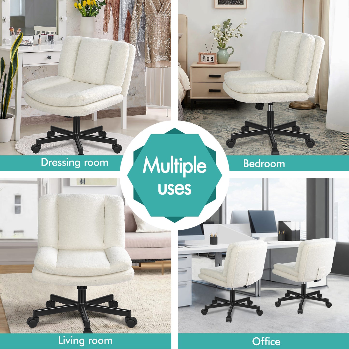 ELFORDSON Armless Office Desk Chair Mid Back Wide Seat Boucle Fabric White