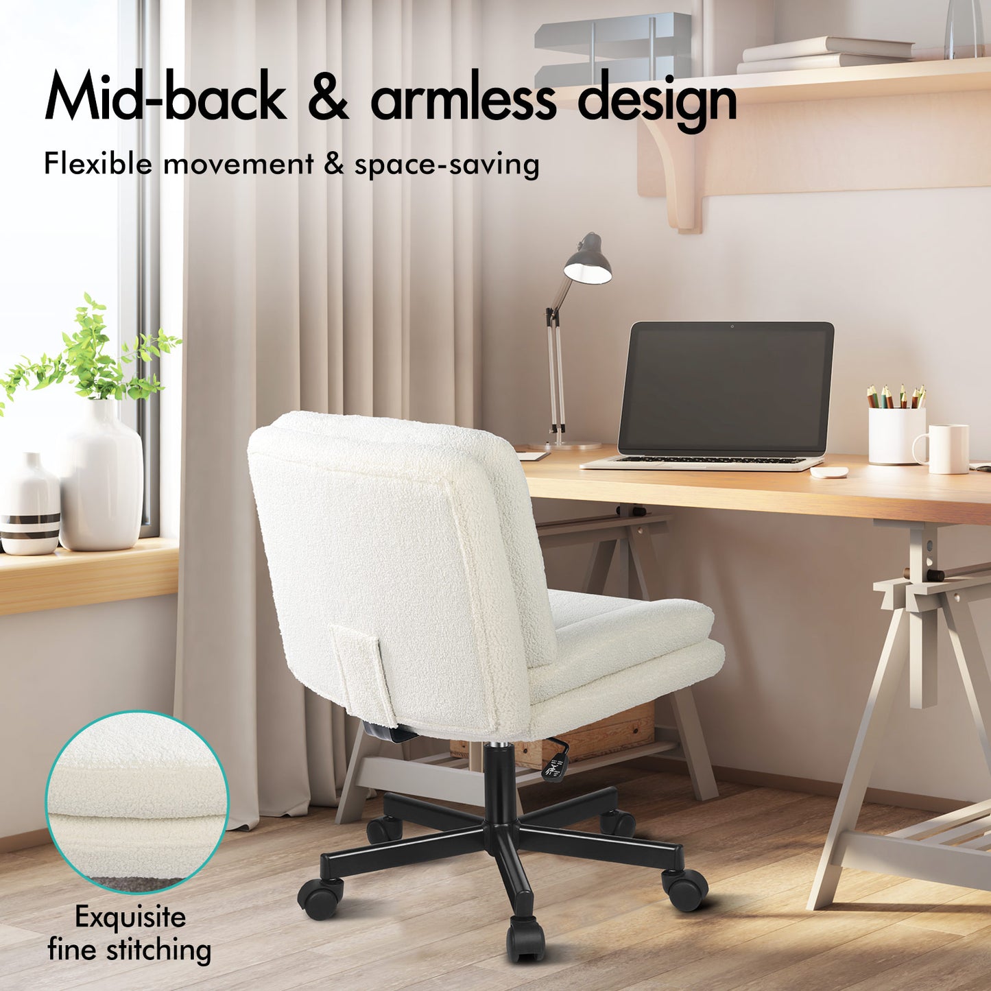 ELFORDSON Armless Office Desk Chair Mid Back Wide Seat Boucle Fabric White