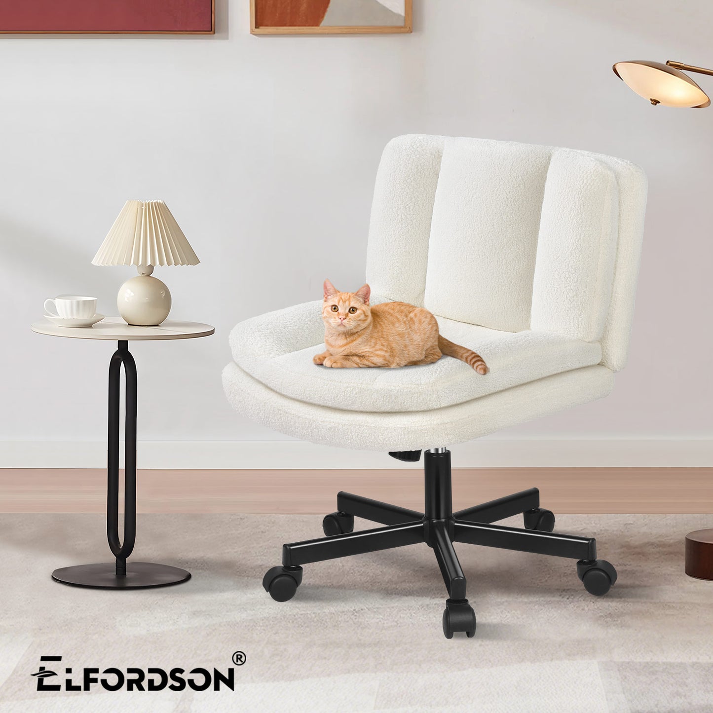 ELFORDSON Armless Office Desk Chair Mid Back Wide Seat Boucle Fabric White