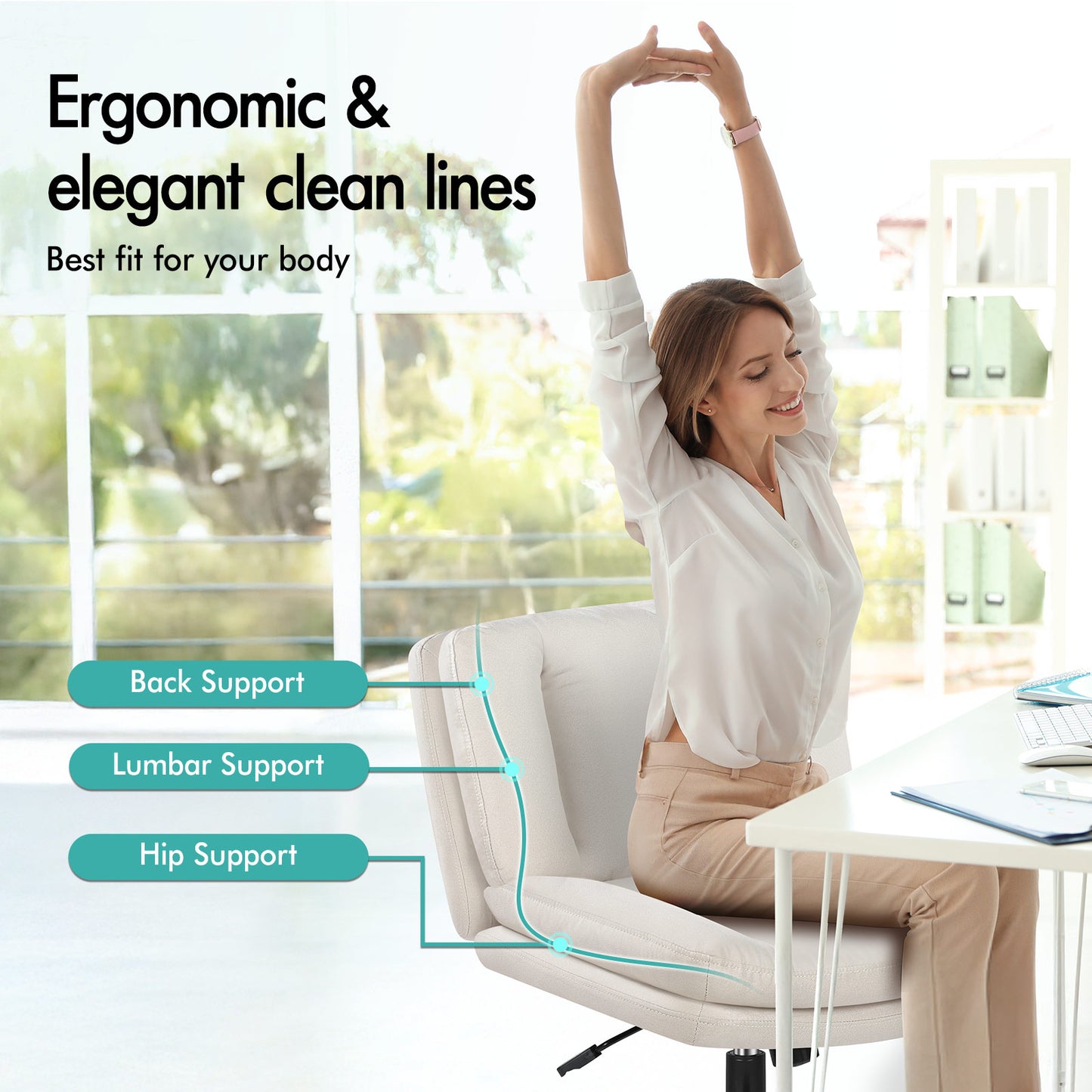 ELFORDSON Armless Office Desk Chair Mid Back Wide Seat Fabric Beige