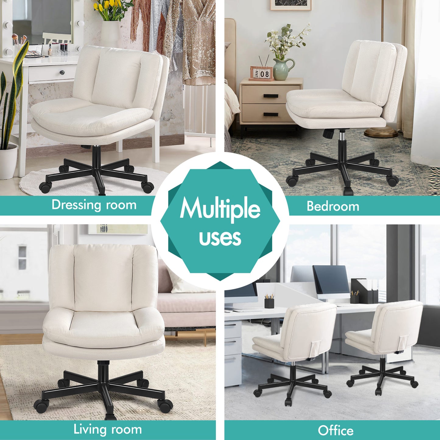 ELFORDSON Armless Office Desk Chair Mid Back Wide Seat Fabric Beige