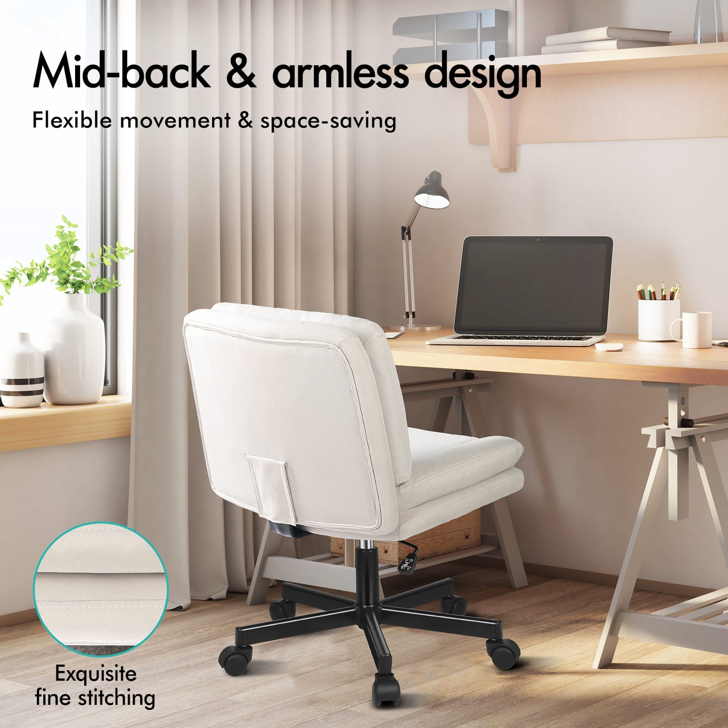 ELFORDSON Armless Office Desk Chair Mid Back Wide Seat Fabric Beige