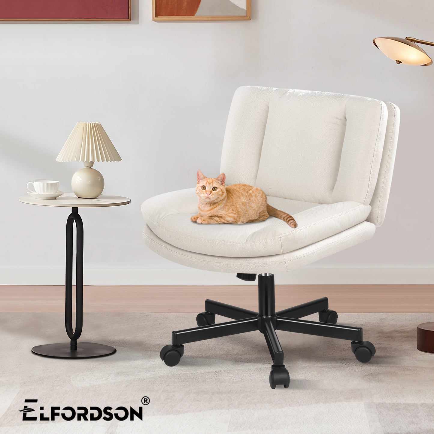 ELFORDSON Armless Office Desk Chair Mid Back Wide Seat Fabric Beige