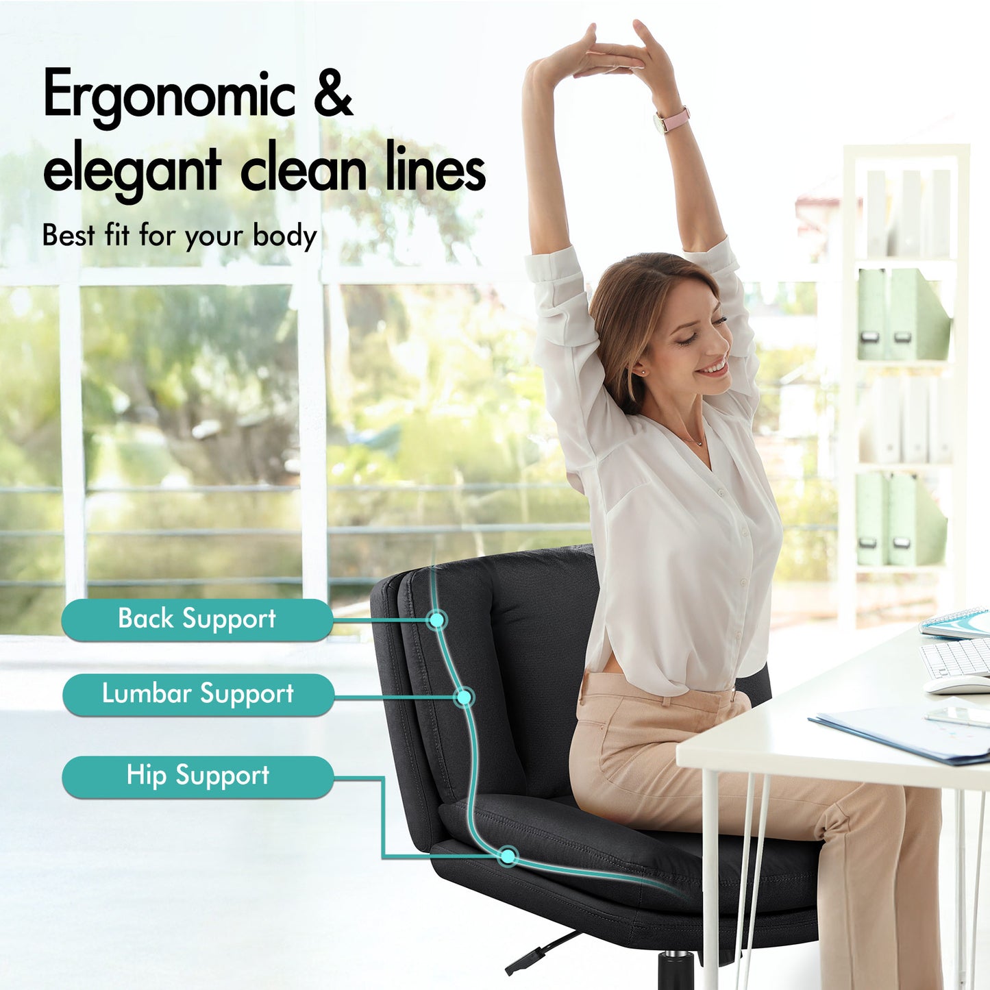 ELFORDSON Armless Office Desk Chair Mid Back Wide Seat Fabric Black