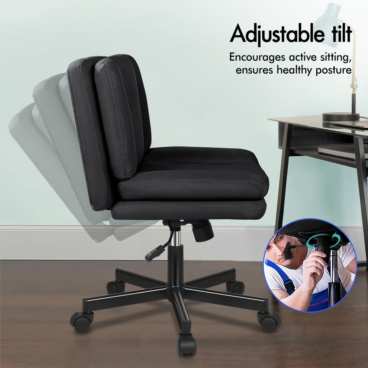 ELFORDSON Armless Office Desk Chair Mid Back Wide Seat Fabric Black