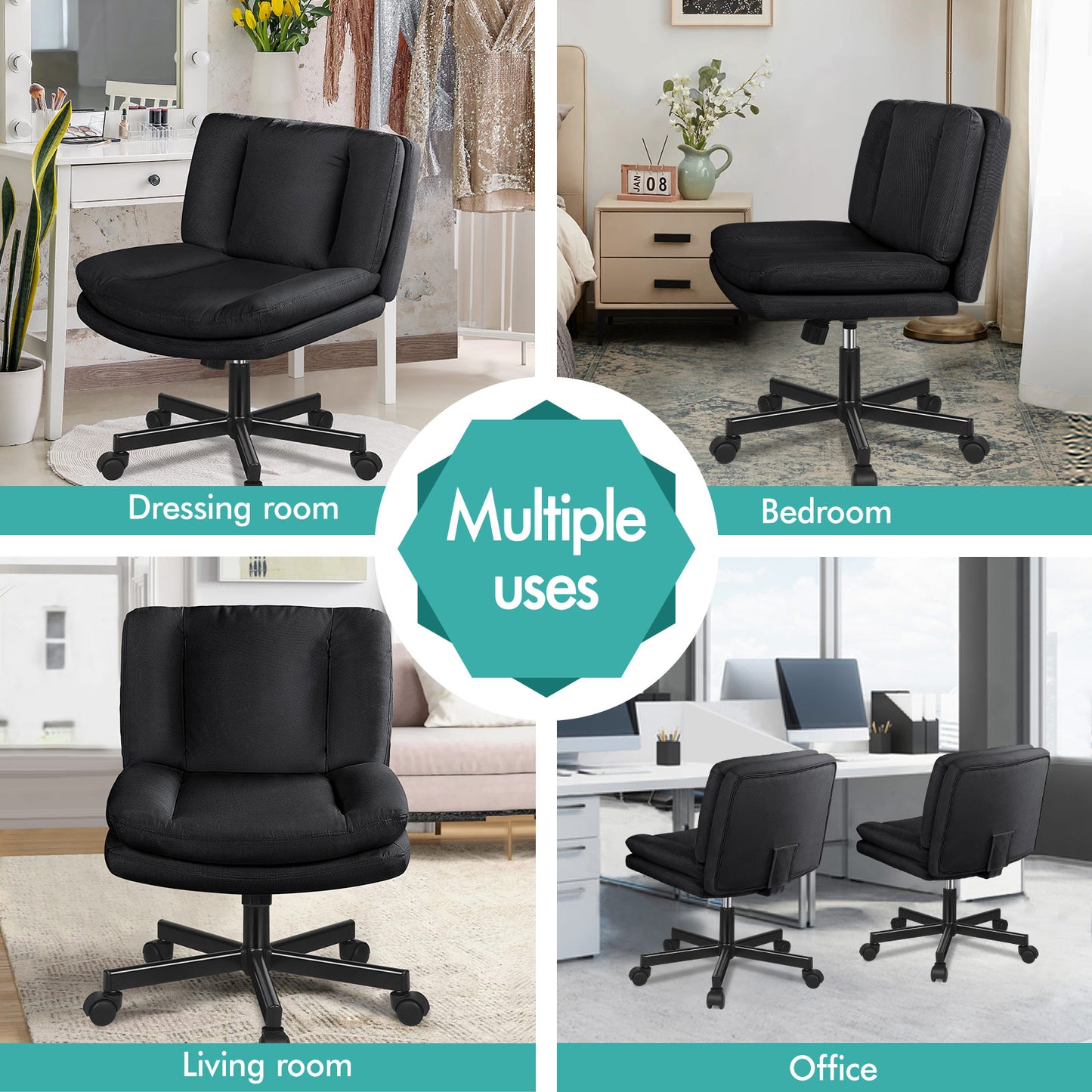 ELFORDSON Armless Office Desk Chair Mid Back Wide Seat Fabric Black