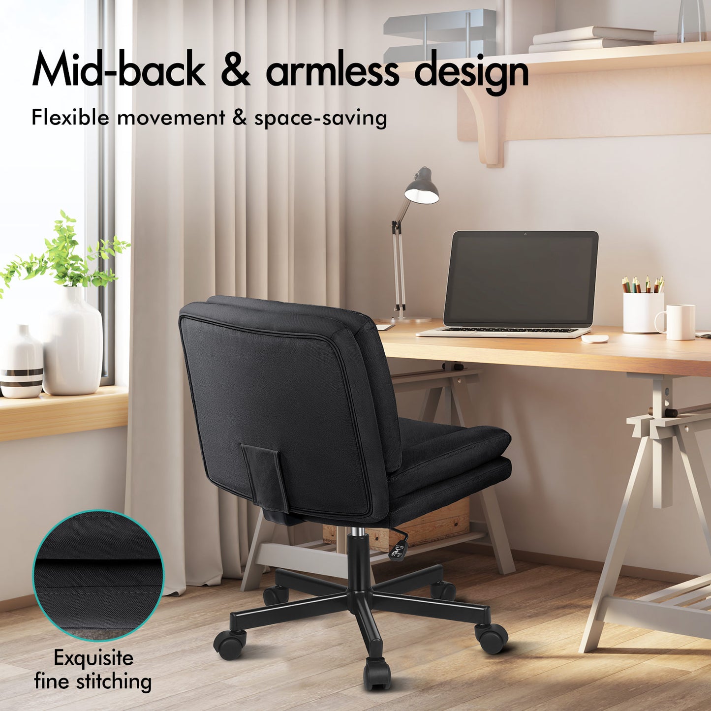 ELFORDSON Armless Office Desk Chair Mid Back Wide Seat Fabric Black