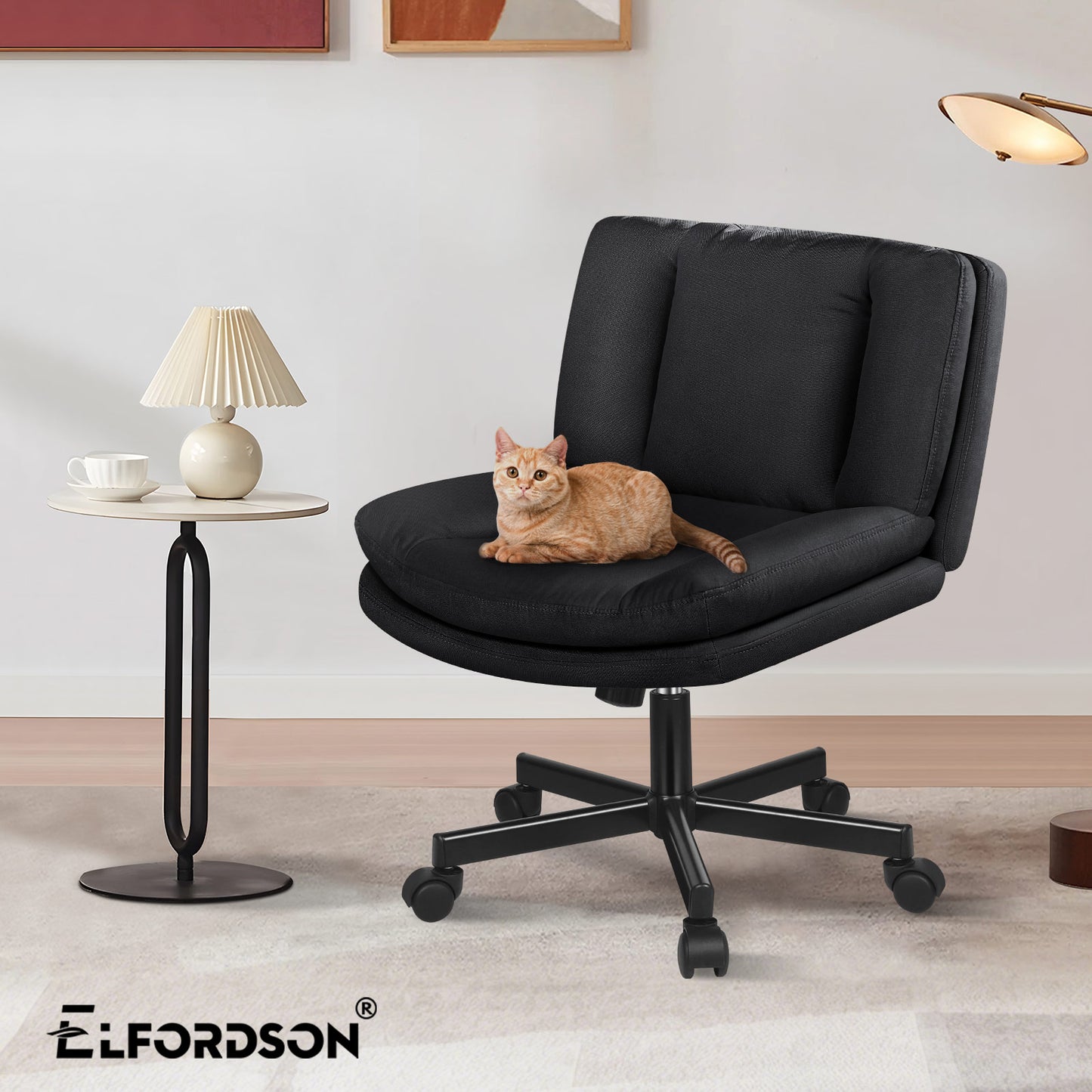 ELFORDSON Armless Office Desk Chair Mid Back Wide Seat Fabric Black