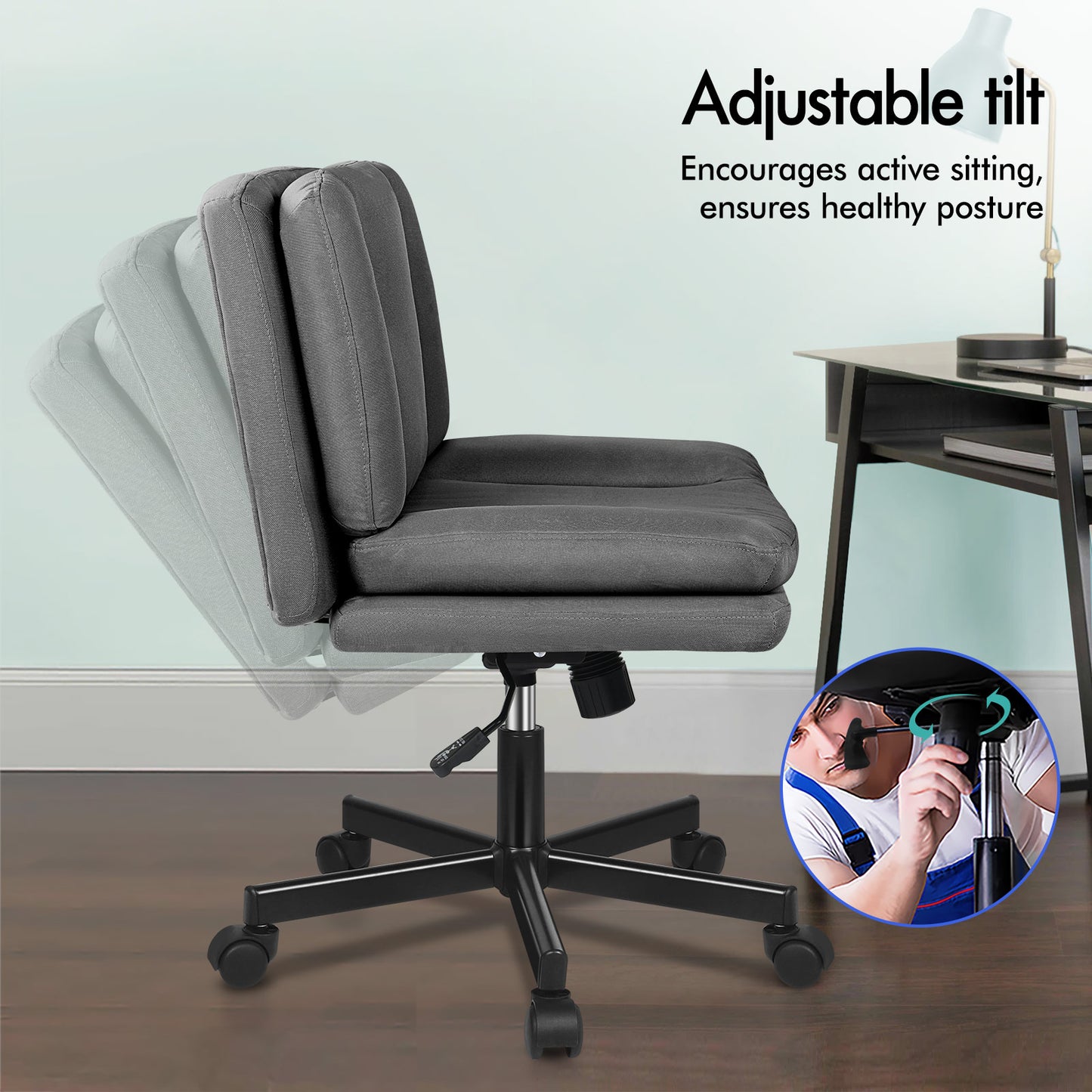 ELFORDSON Armless Office Desk Chair Mid Back Wide Seat Fabric Grey