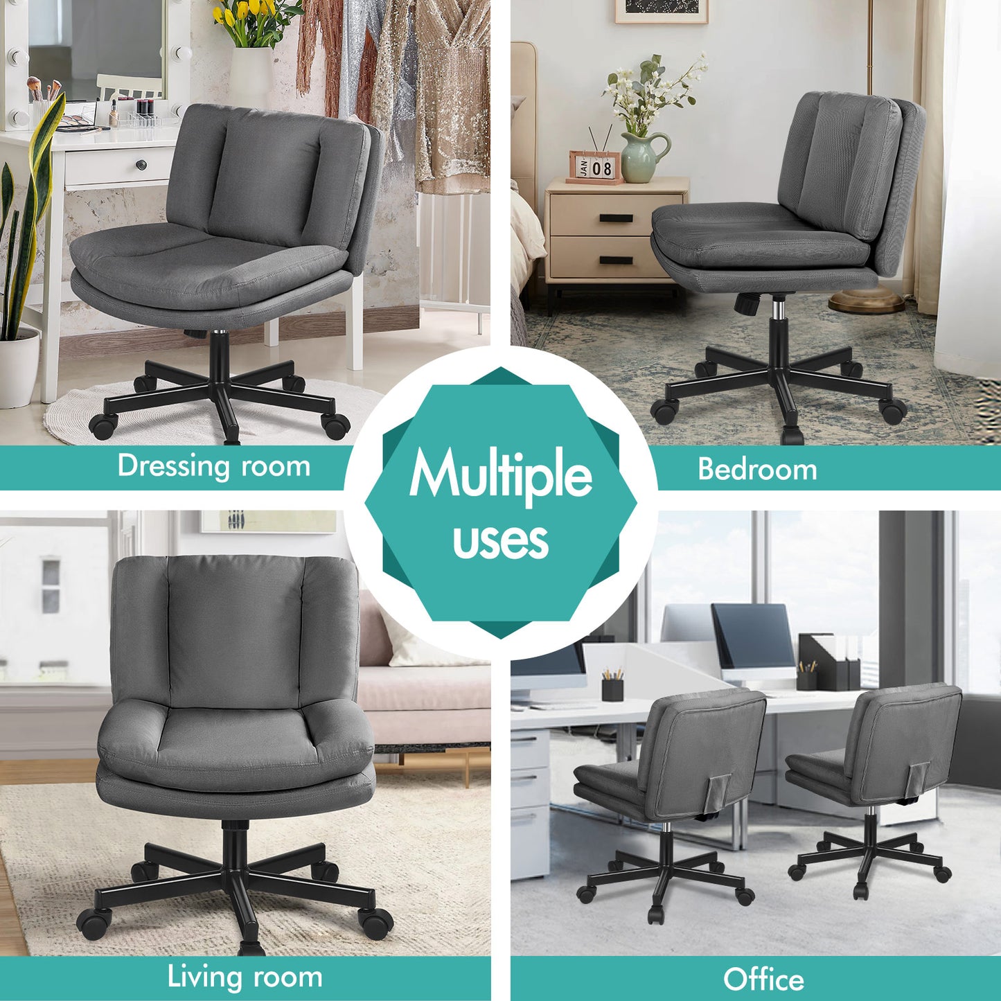 ELFORDSON Armless Office Desk Chair Mid Back Wide Seat Fabric Grey