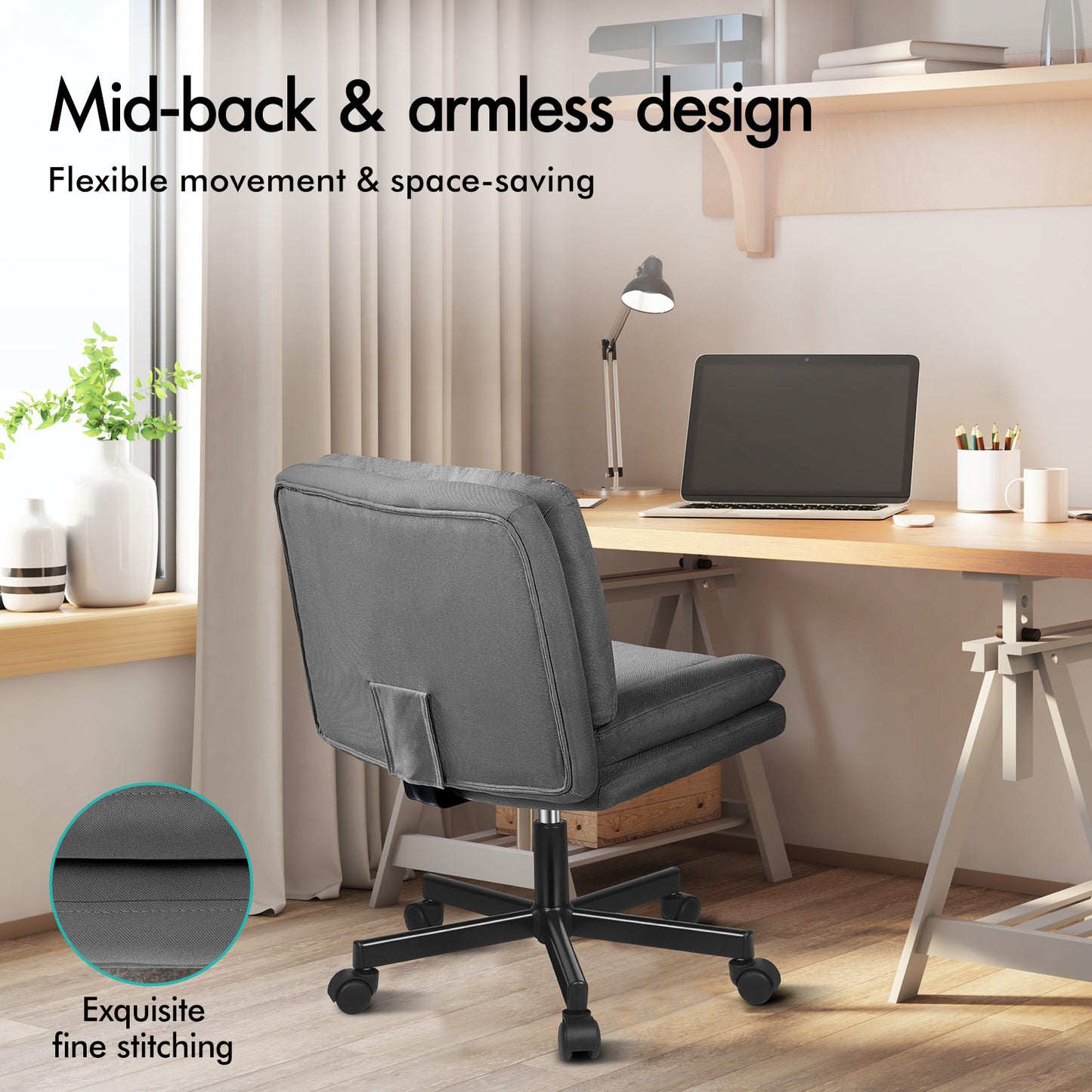 ELFORDSON Armless Office Desk Chair Mid Back Wide Seat Fabric Grey