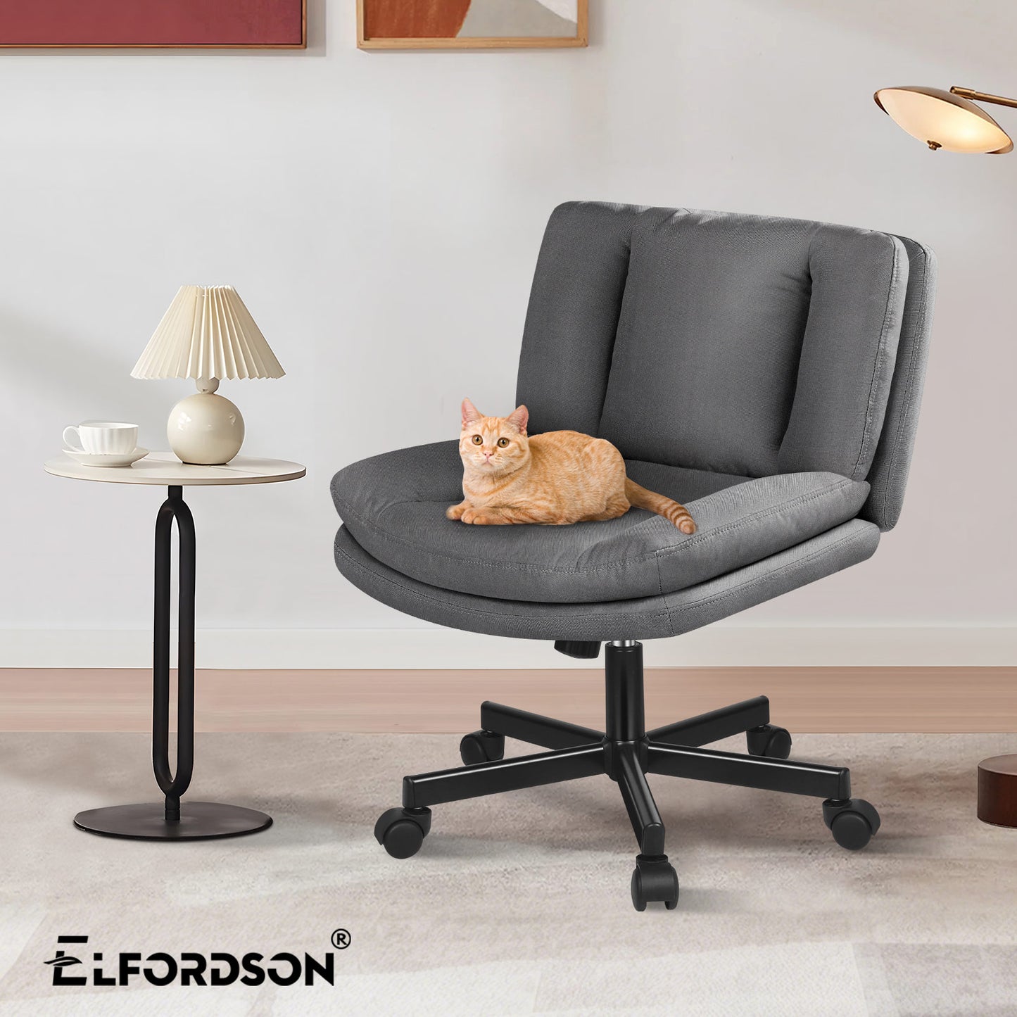 ELFORDSON Armless Office Desk Chair Mid Back Wide Seat Fabric Grey