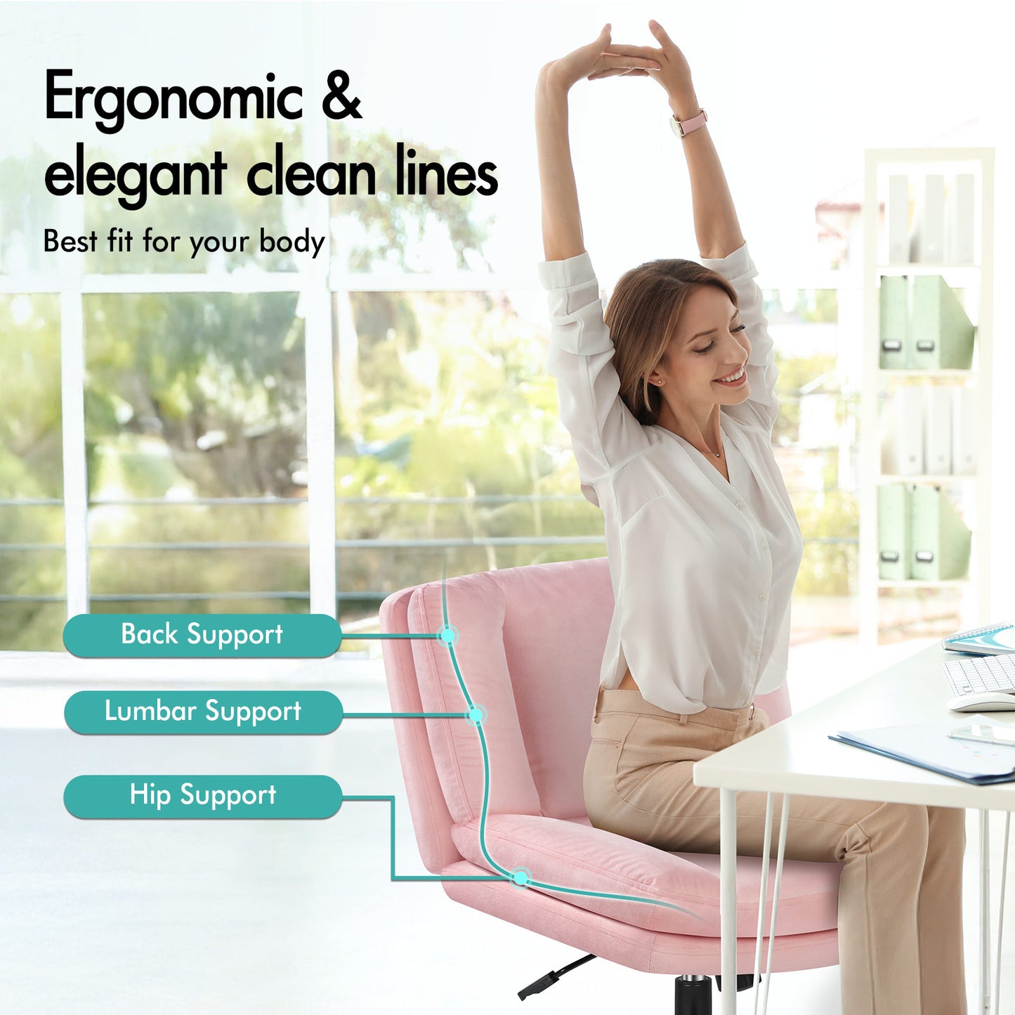 ELFORDSON Armless Office Desk Chair Mid Back Wide Seat Velvet Pink