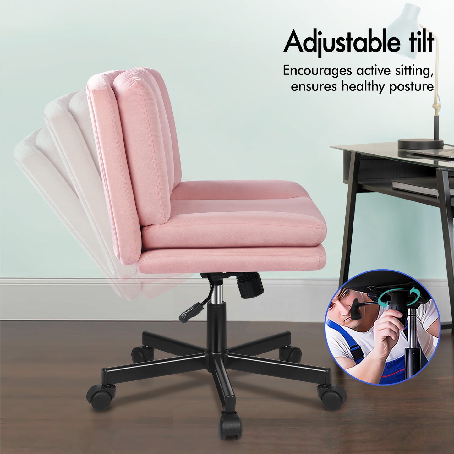 ELFORDSON Armless Office Desk Chair Mid Back Wide Seat Velvet Pink