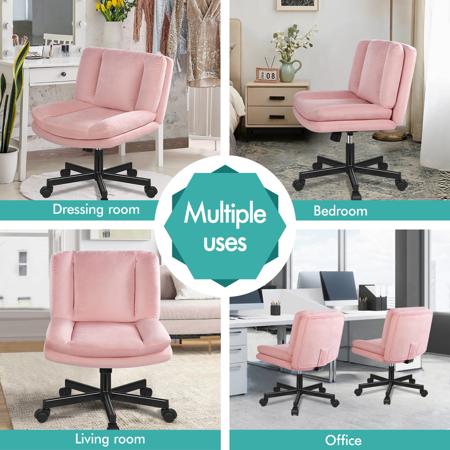 ELFORDSON Armless Office Desk Chair Mid Back Wide Seat Velvet Pink