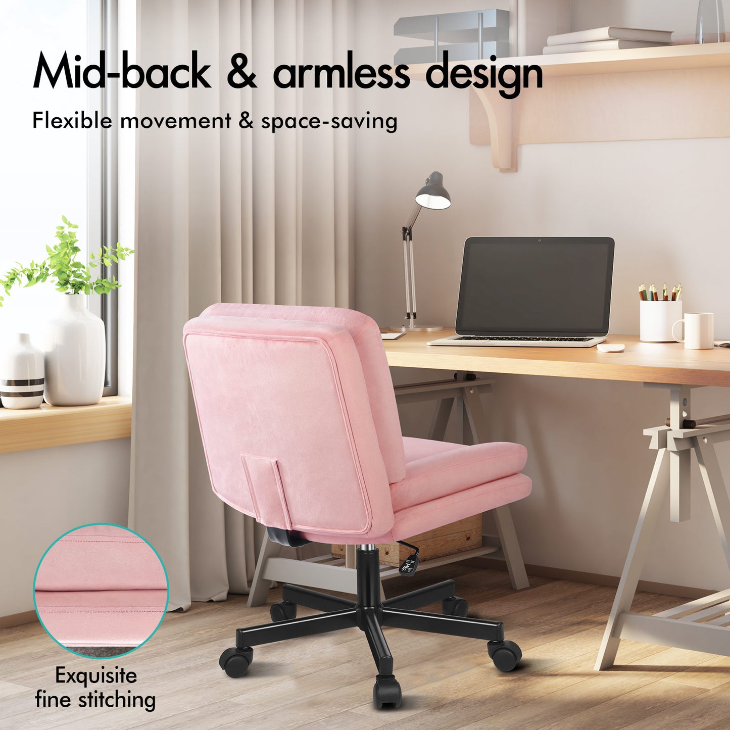 ELFORDSON Armless Office Desk Chair Mid Back Wide Seat Velvet Pink