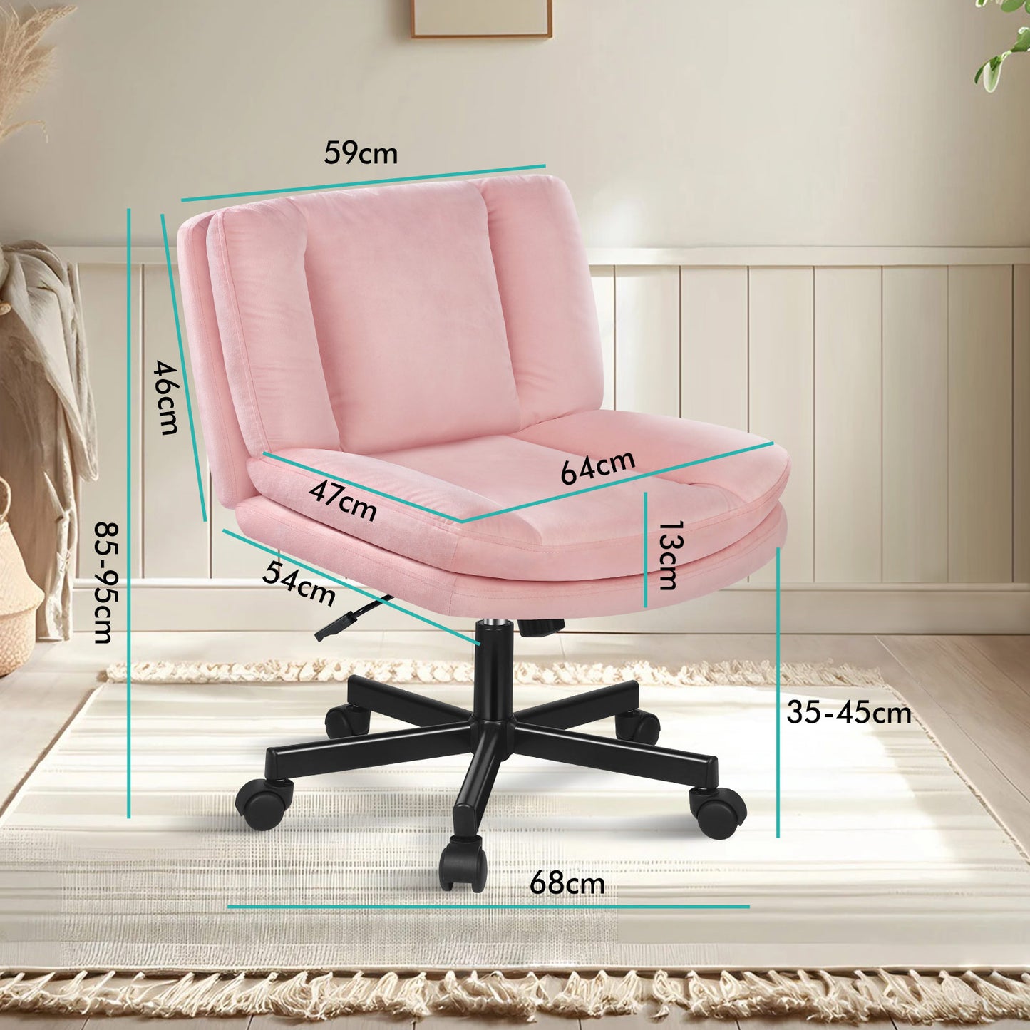 ELFORDSON Armless Office Desk Chair Mid Back Wide Seat Velvet Pink