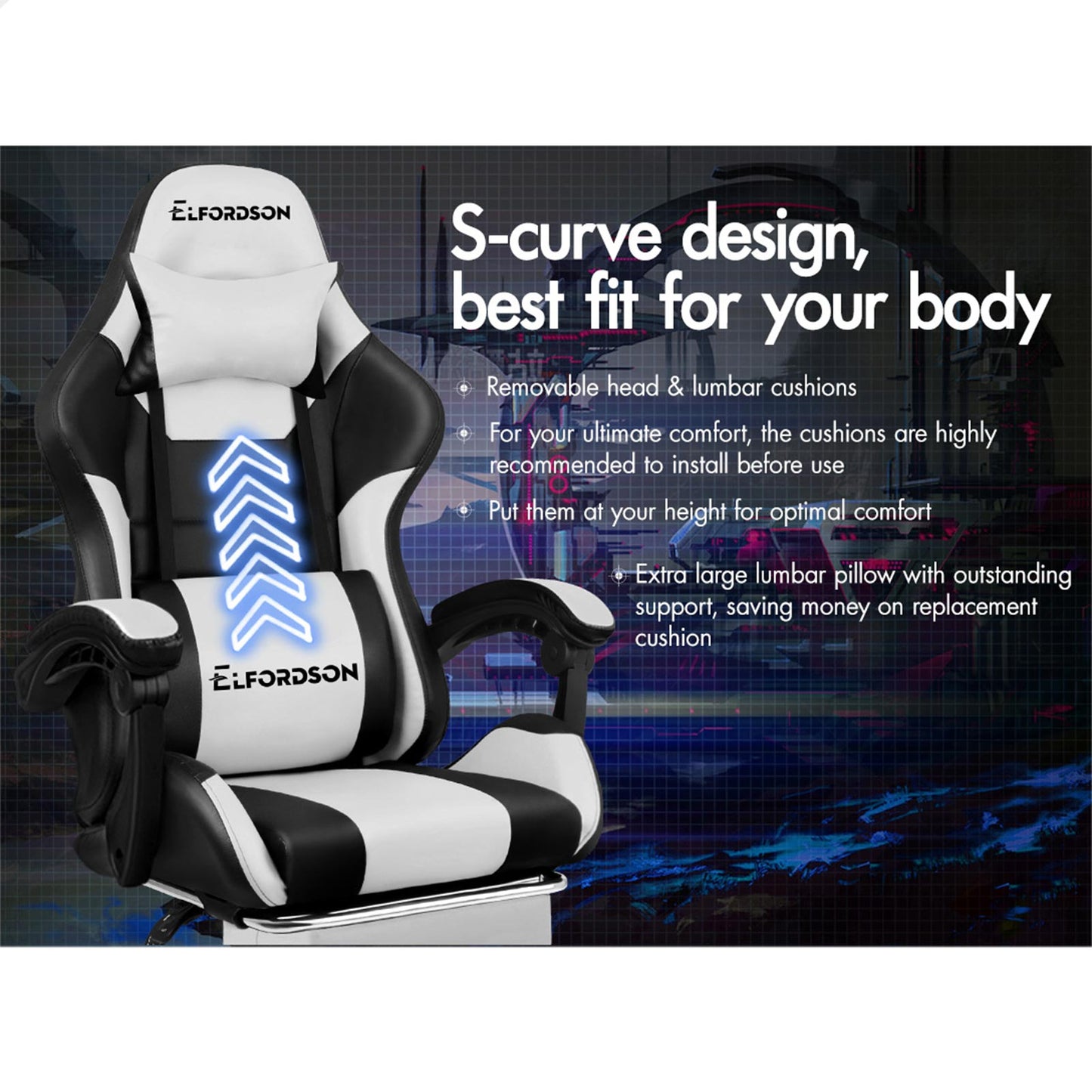 ELFORDSON Gaming Office Chair Extra Large Pillow Racing Executive Footrest Seat