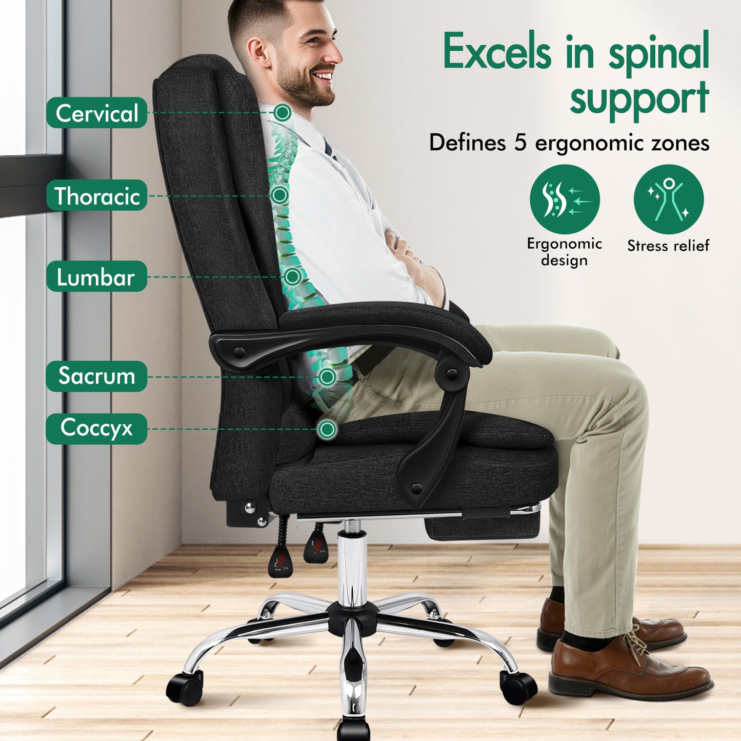 ELFORDSON Massage Office Chair Executive Seat Fabric Black