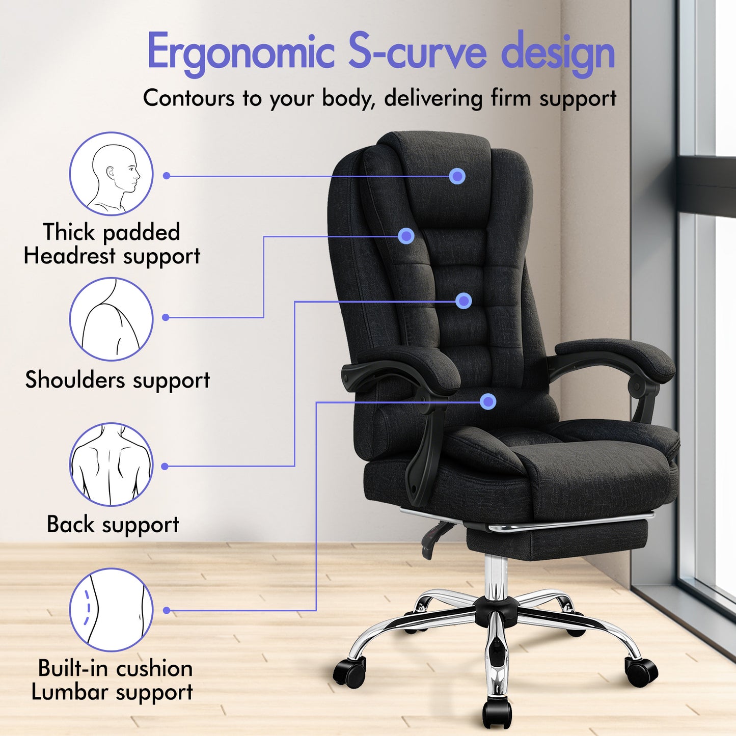 ELFORDSON Massage Office Chair Executive Seat Fabric Black