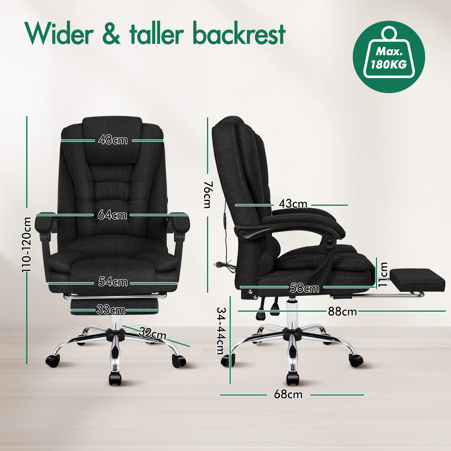 ELFORDSON Massage Office Chair Executive Seat Fabric Black