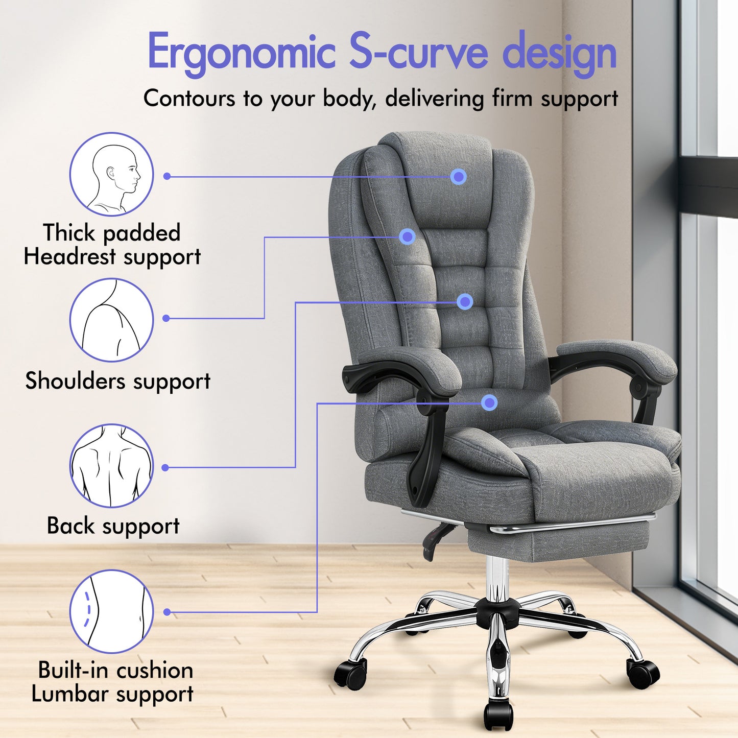 ELFORDSON Massage Office Chair Executive Seat Fabric Grey