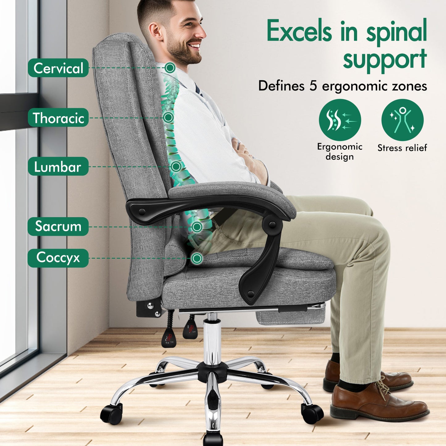 ELFORDSON Massage Office Chair Executive Seat Fabric Grey