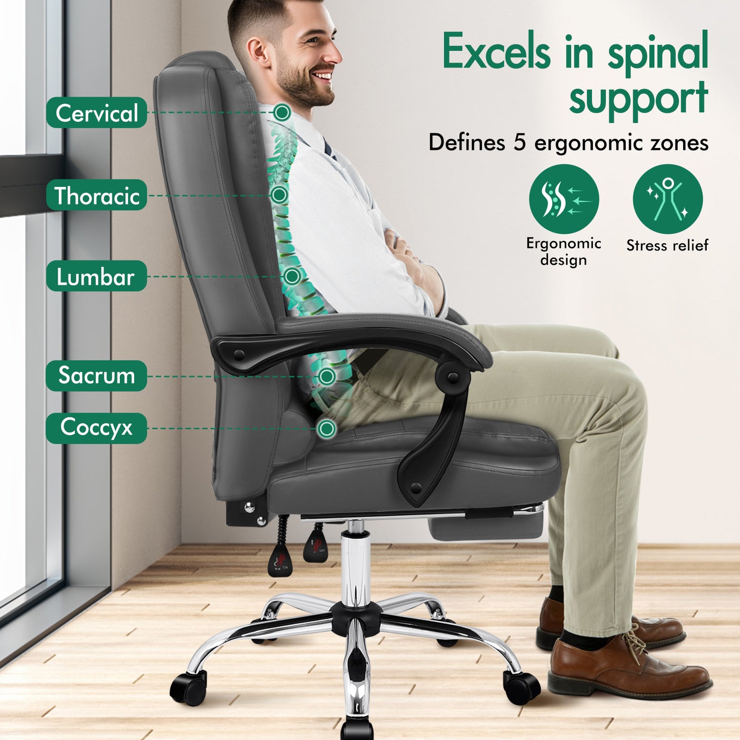 ELFORDSON Massage Office Chair Gaming Executive Seat PU Leather Grey