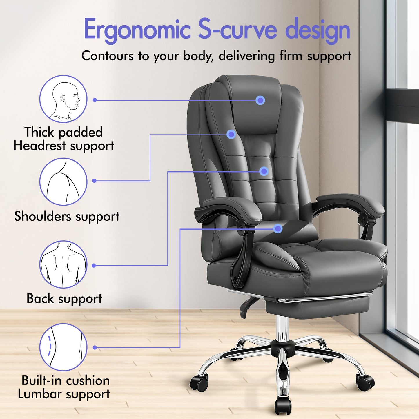 ELFORDSON Massage Office Chair Gaming Executive Seat PU Leather Grey