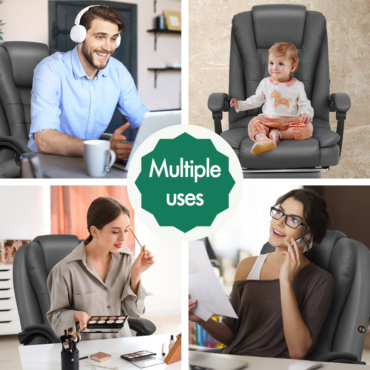 ELFORDSON Massage Office Chair Gaming Executive Seat PU Leather Grey