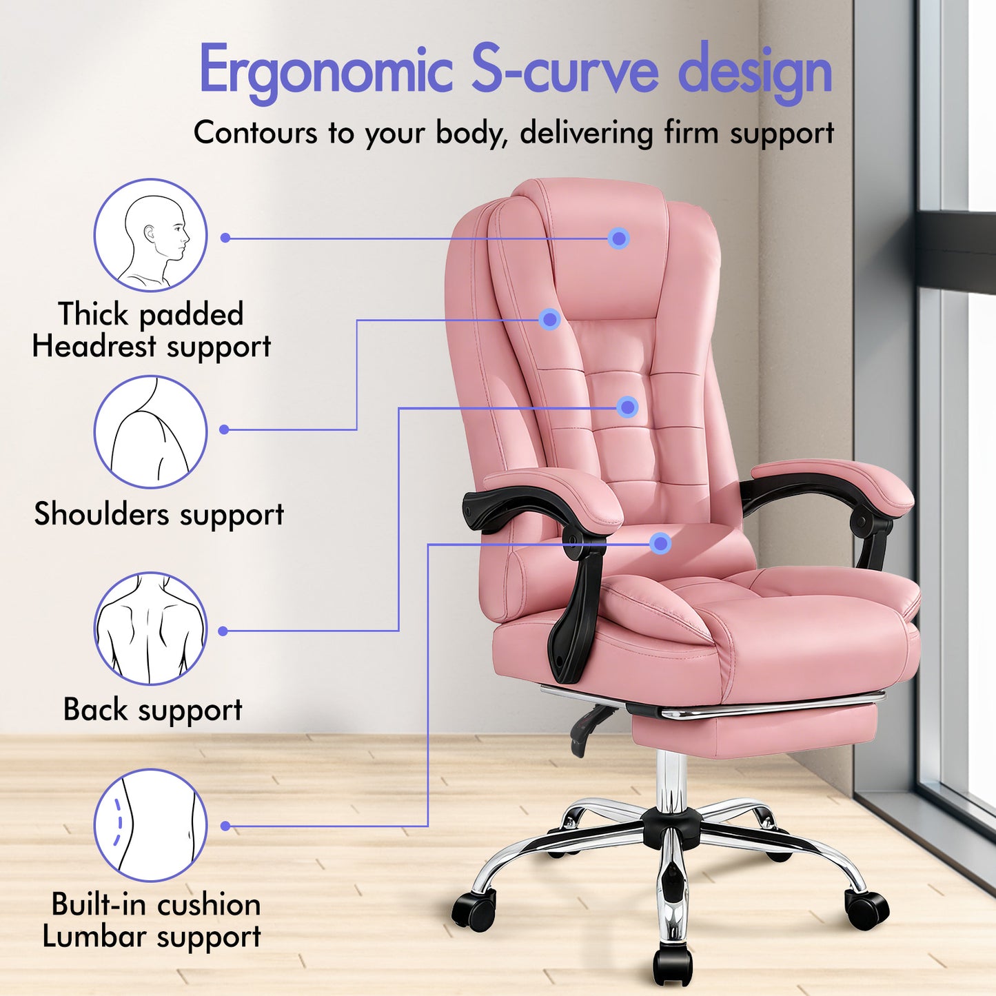 ELFORDSON Massage Office Chair Gaming Executive Seat PU Leather Pink