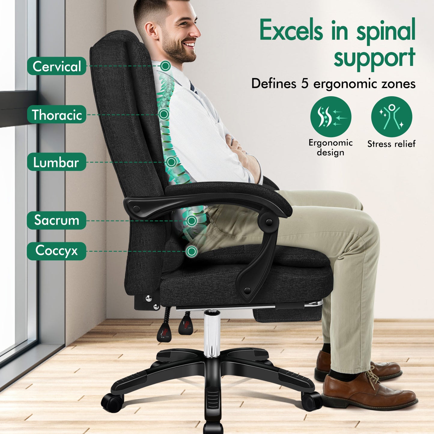 ELFORDSON Massage Office Chair Heated Seat Executive Gaming Racer, Fabric Black