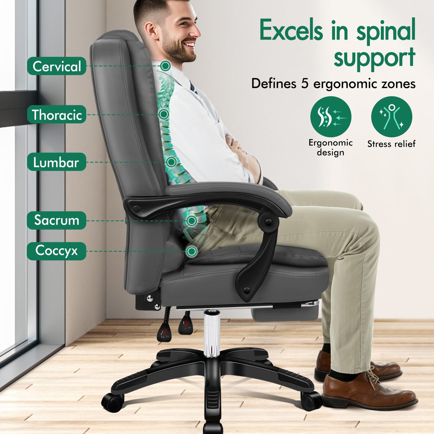 ELFORDSON Office Chair with 8-Point Massage and Heat Function, Grey