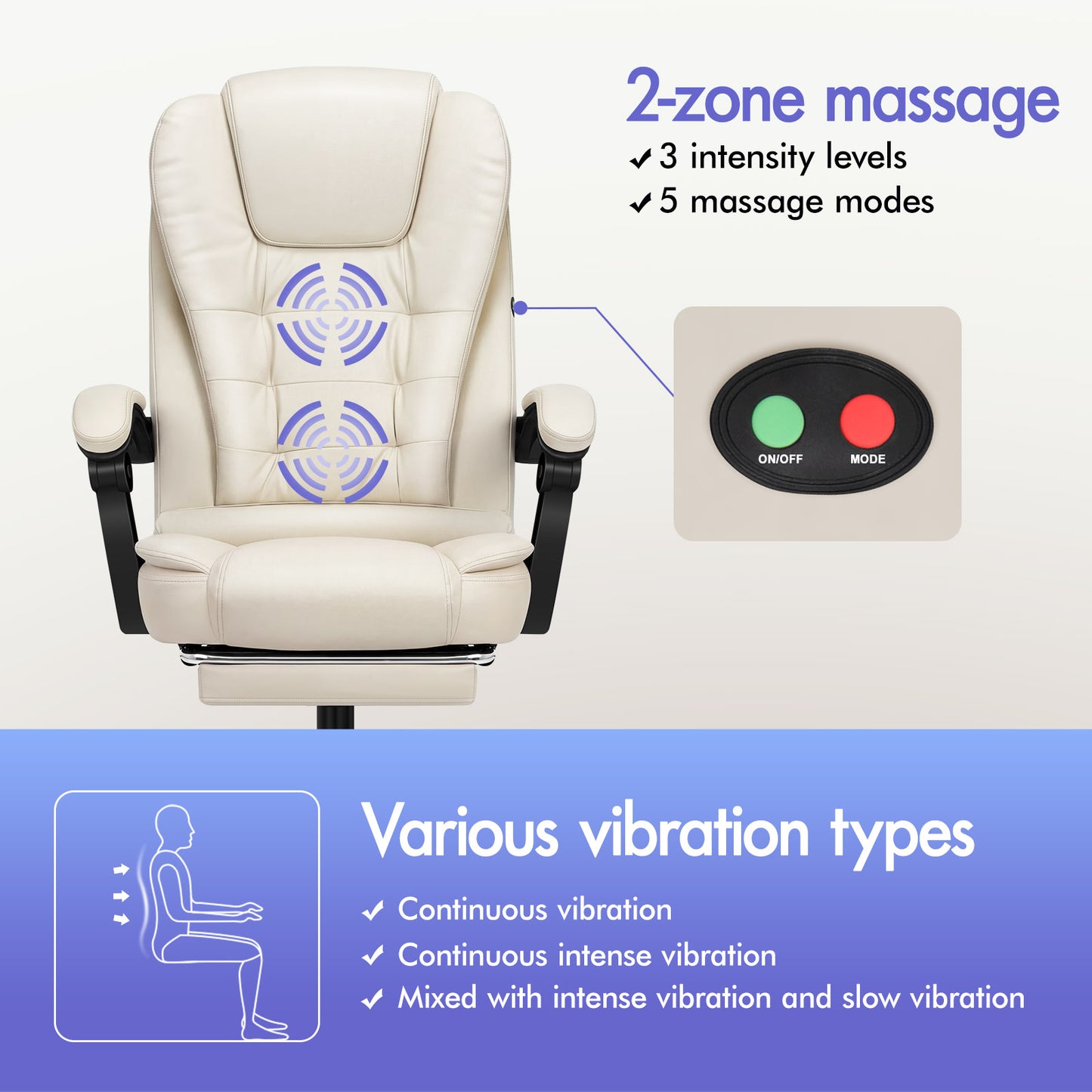 ELFORDSON Massage Office Chair with Footrest Executive Gaming Seat Leather Cream
