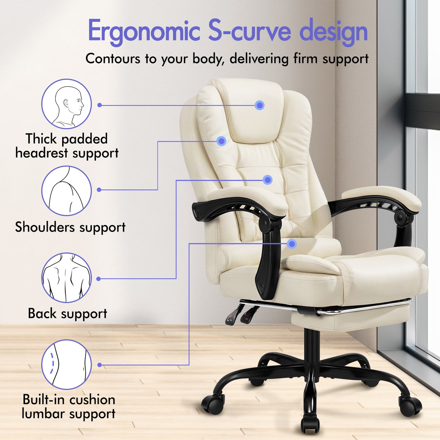 ELFORDSON Massage Office Chair with Footrest Executive Gaming Seat Leather Cream