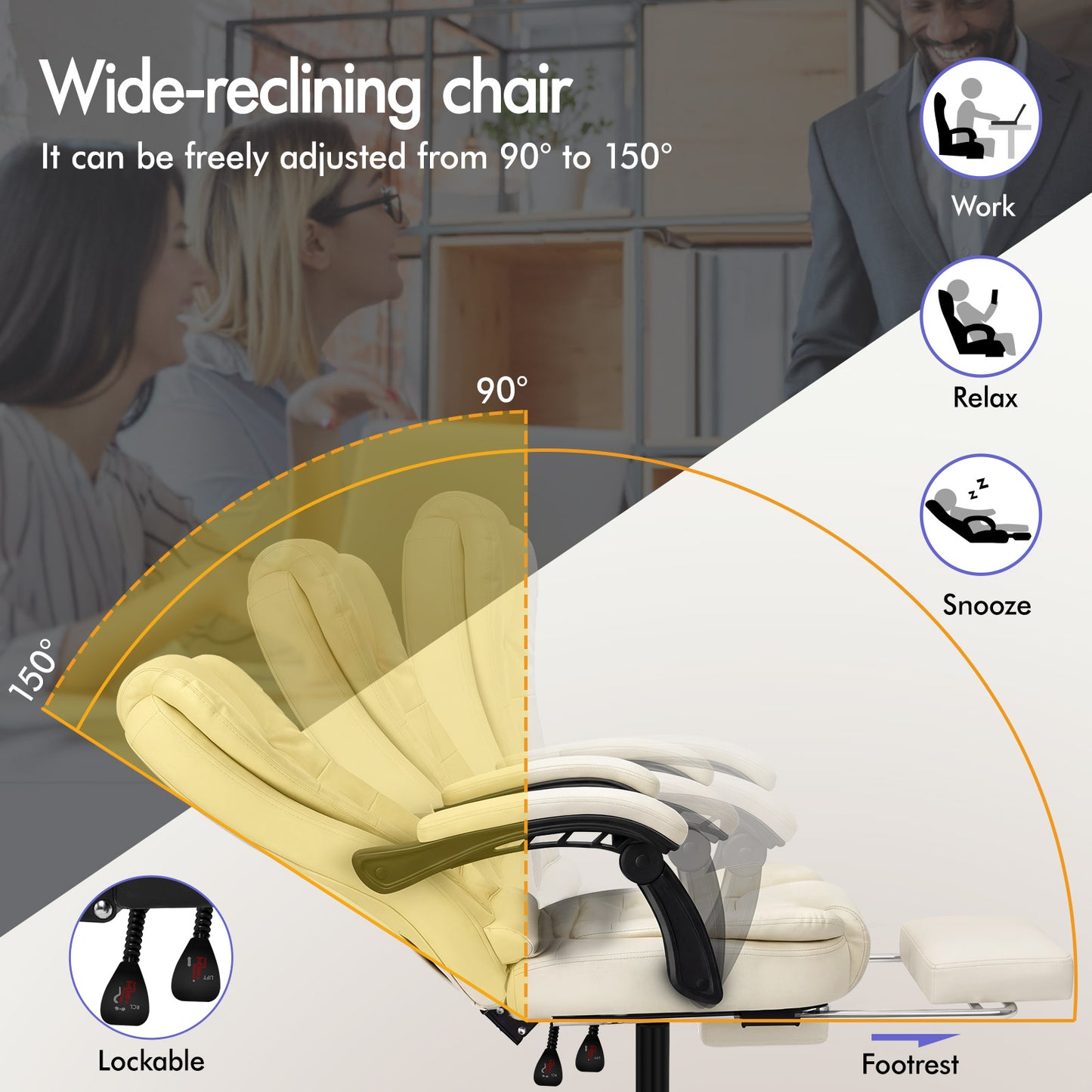 ELFORDSON Massage Office Chair with Footrest Executive Gaming Seat Leather Cream