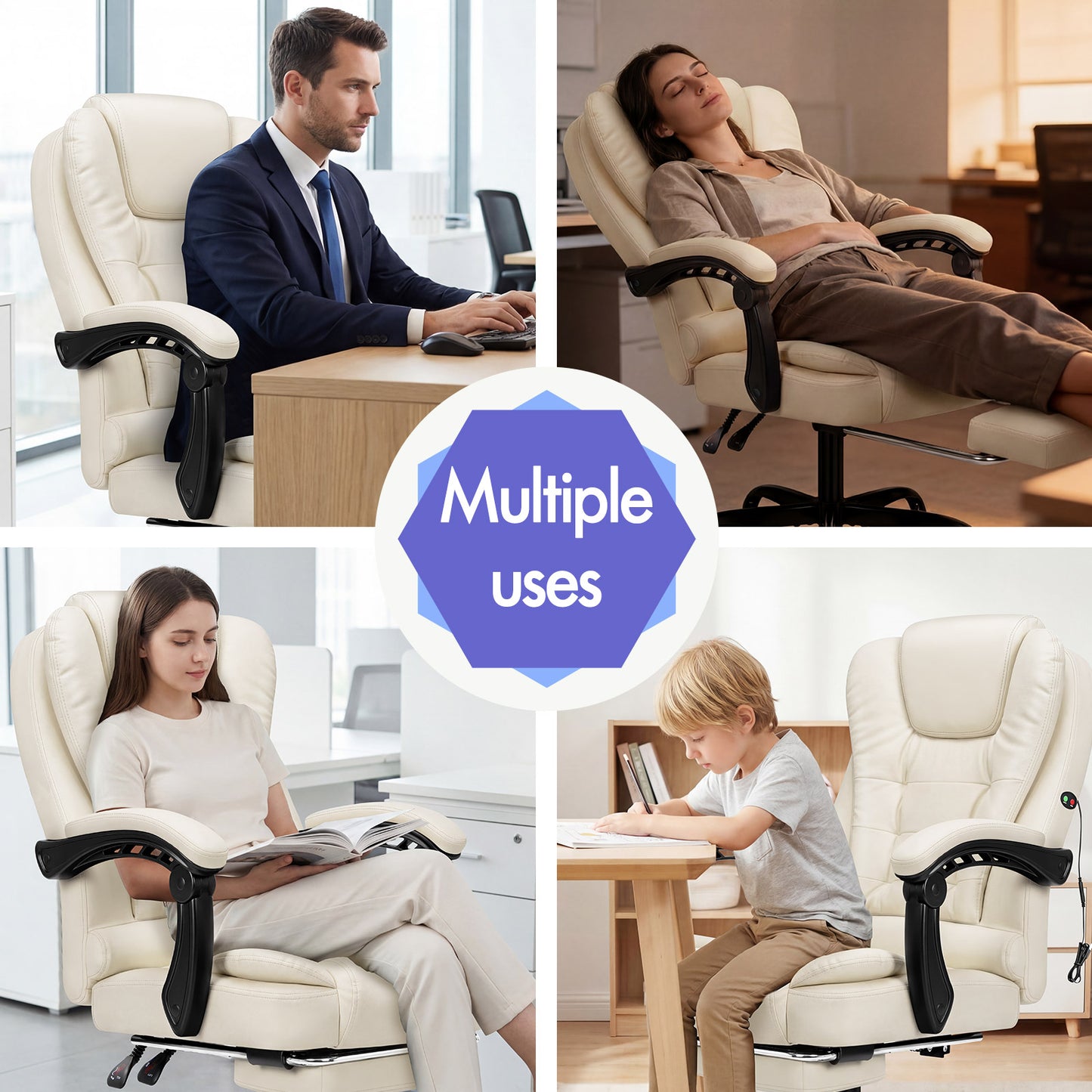ELFORDSON Massage Office Chair with Footrest Executive Gaming Seat Leather Cream