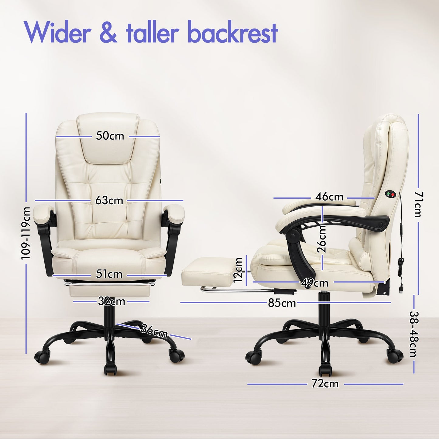 ELFORDSON Massage Office Chair with Footrest Executive Gaming Seat Leather Cream
