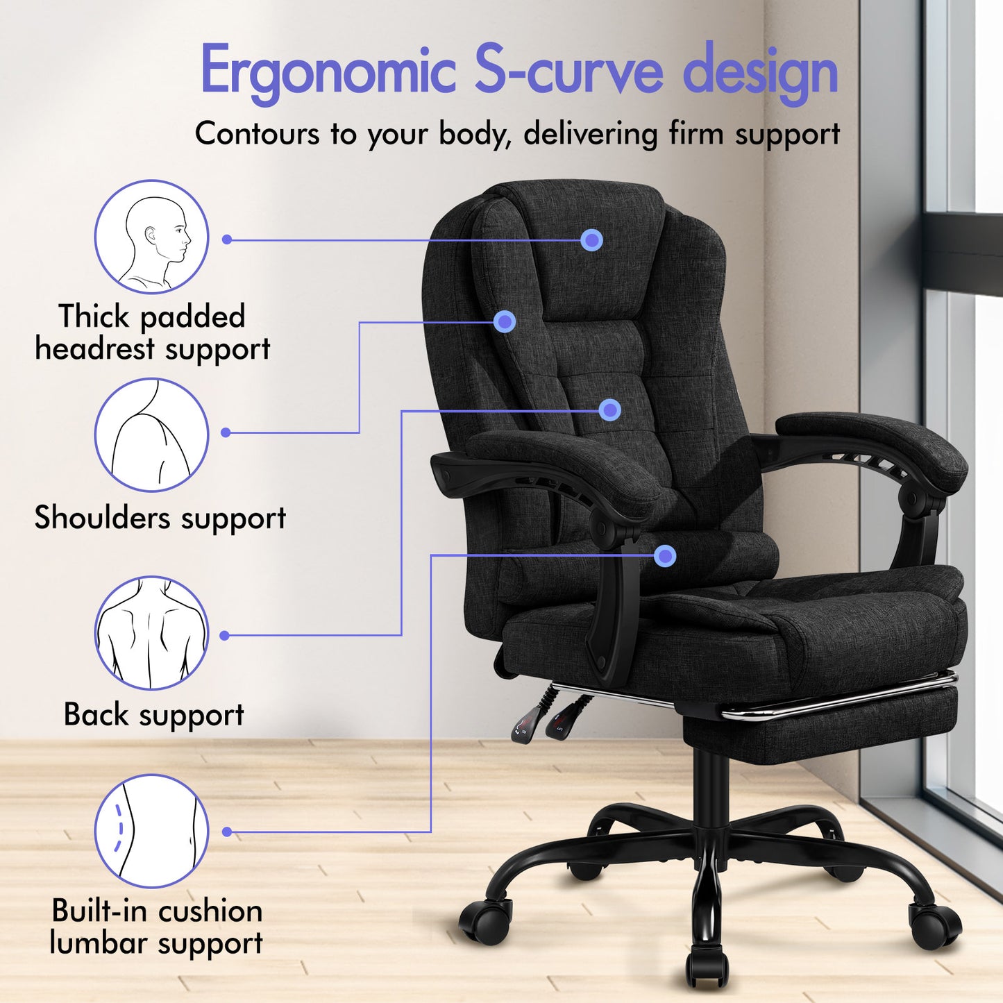 ELFORDSON Massage Office Chair with Footrest Executive Gaming Seat Breathable Fabric Upholstery, Black